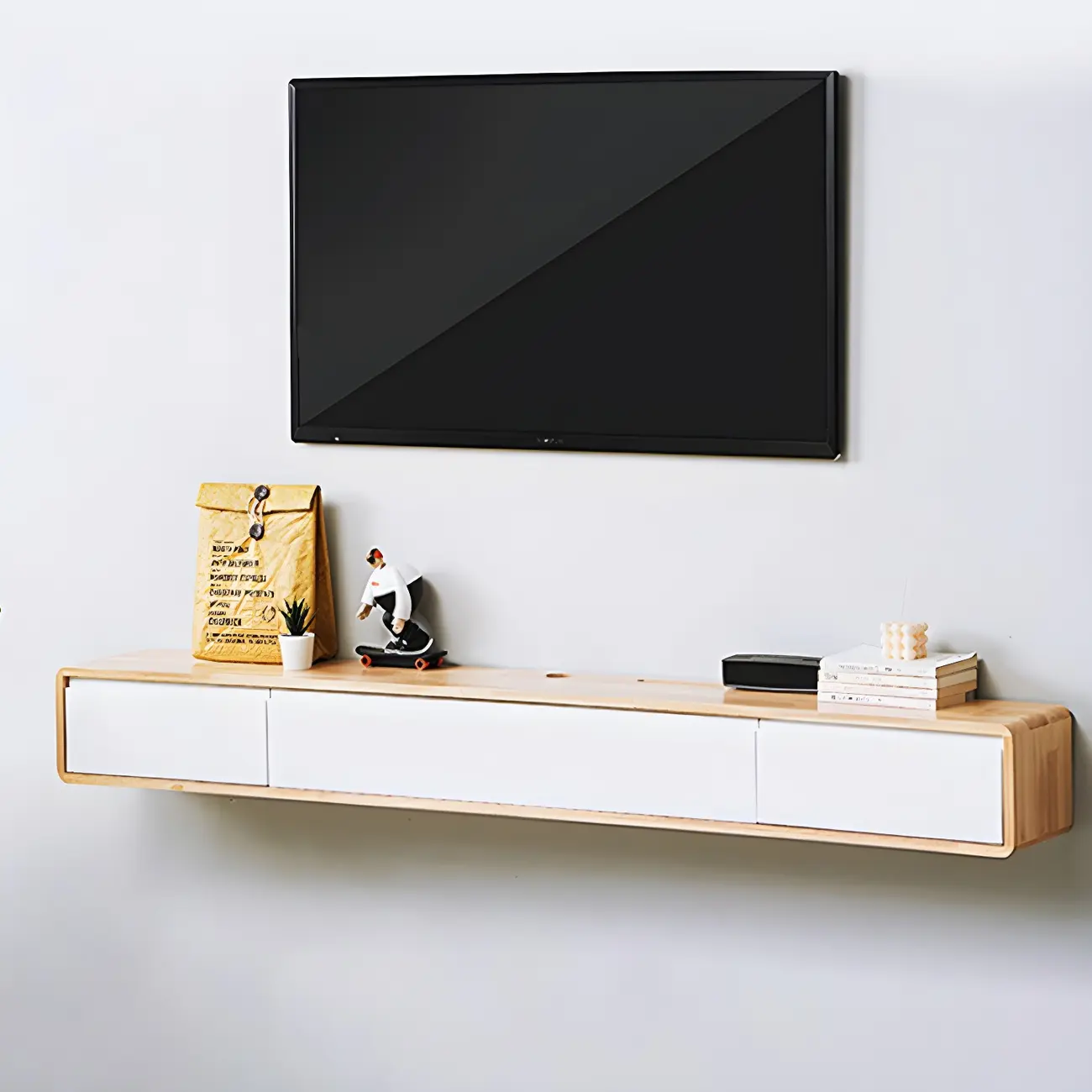 Rectangular Wall-Mounted Wood Drawers TV Stand White