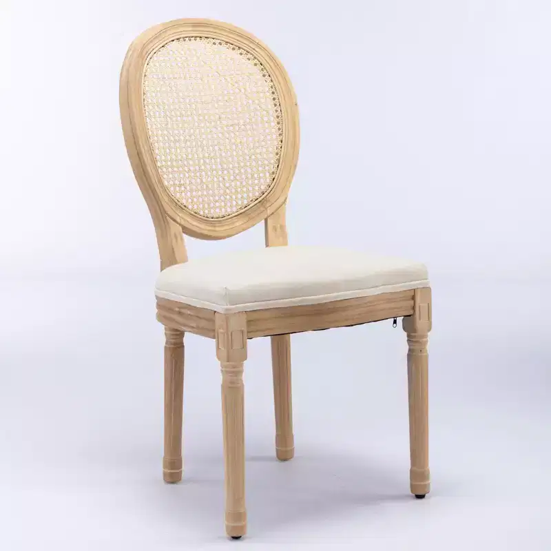 Set of 2 French Style Dining Chairs Upholstered Chairs Accent Chairs Armless Chairs with Rattan Back/Upholstered Back, Natural+Beige/Gray-ModernLuxe