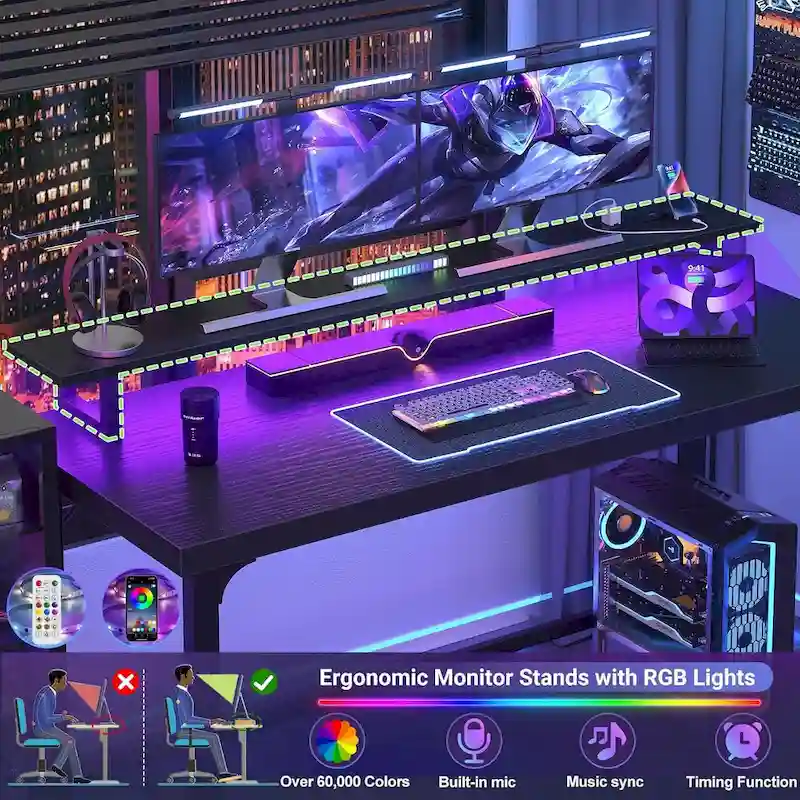 55 Inch Computer Desk with Socket and LED Light,Home Office Desk with 1.5 inch Thickened desktop,Writing Study Gaming Table