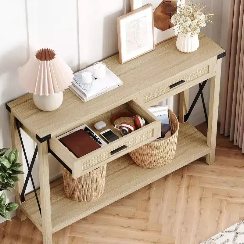 43 Farmhouse Console Table  Rattan Drawers & Metal Frame Sofa Table for Living Room/Entryway/Bedroom
