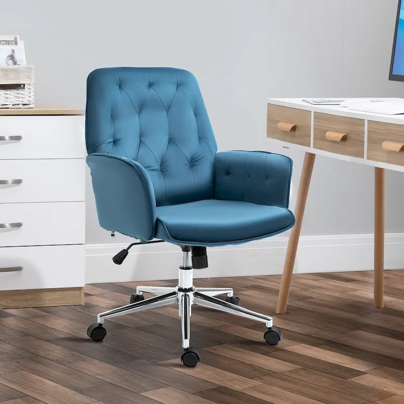 Blue Velvet Mid-Back Office Chair with Arms, Swivel & Adjustable Height