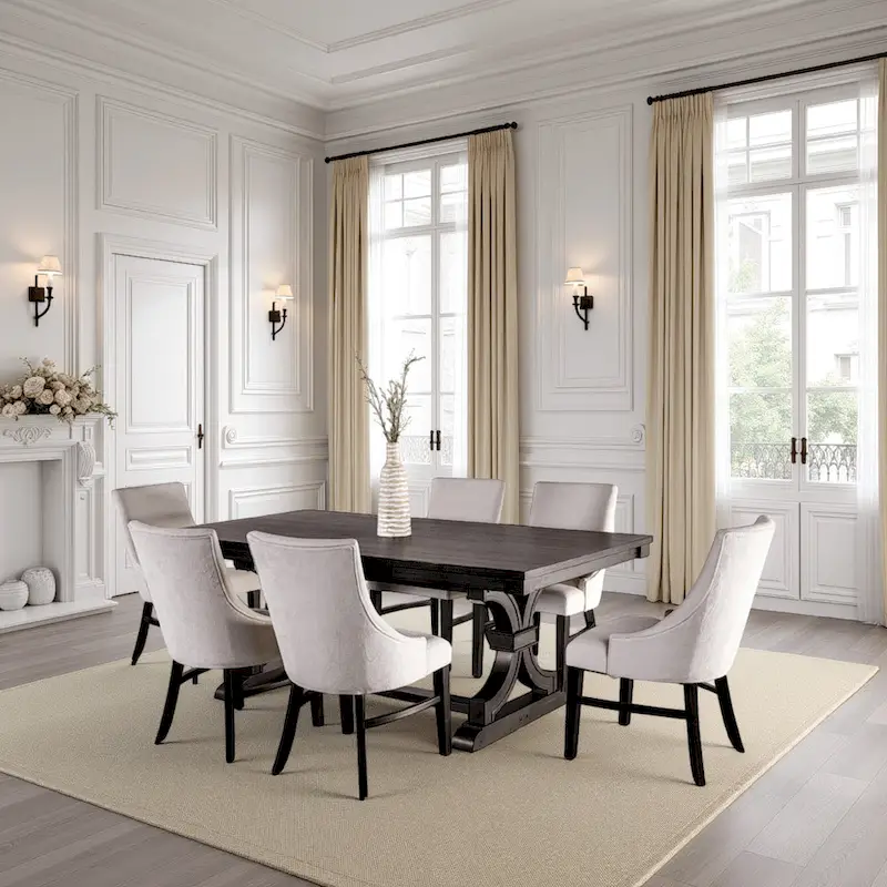 Luke 7pc Dining Table Set with 6 Wingback Chairs, Rectangular, Black, Beige