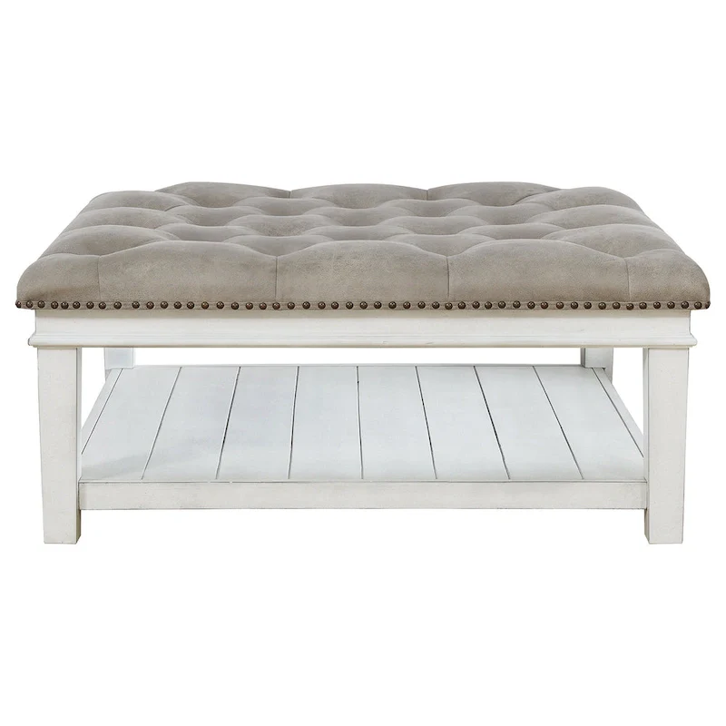 White Faux Leather Button-Tufted Square Ottoman Cocktail Table with Lower Shelf - Single Use