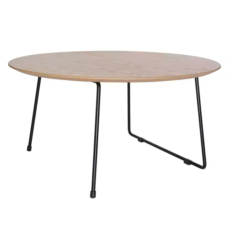 LeisureMod Pembroke Mid-Century Modern Round Coffee Table with Powder-Coated Iron Frame, Natural Wood Top