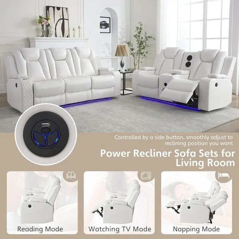 Power Reclining Sofa with Wireless Charger & LED Light – Faux Leather, Black