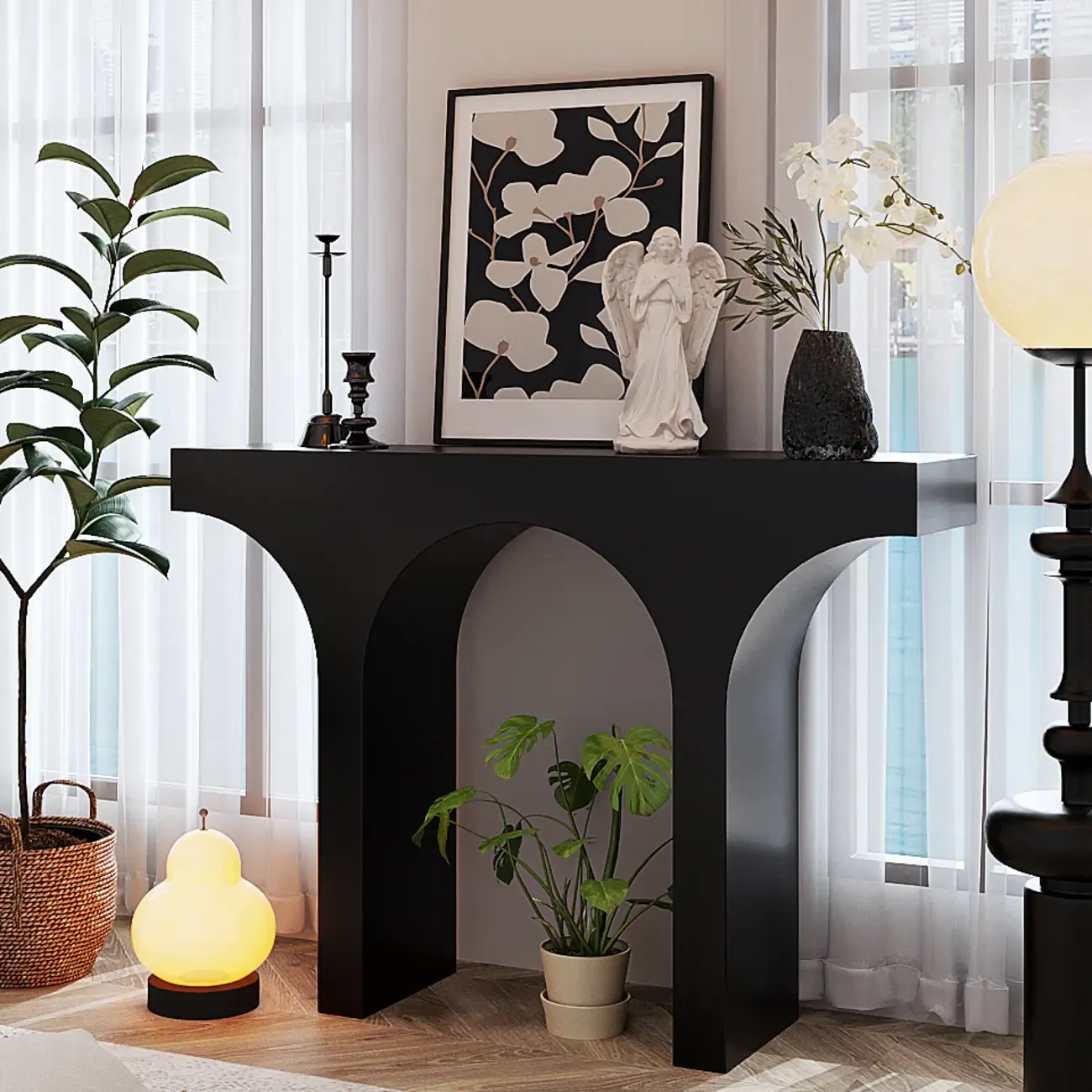 Entryway Rectangular Black Arch Base Console Table