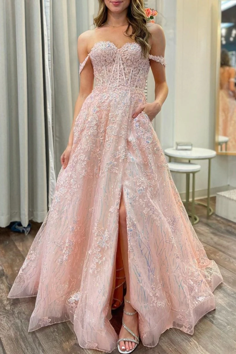 Pink Appliques Off-the-Shoulder A-Line Long Prom Dress