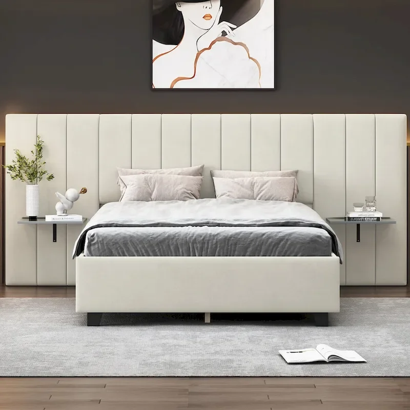 Full Size Upholstered Platform Bed with Big Headboard