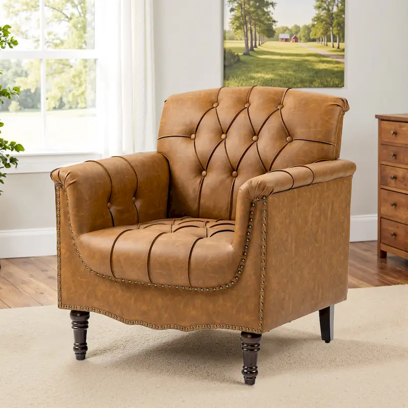 Tufted Vegan Leather Accent Chair Upholstered Armchair