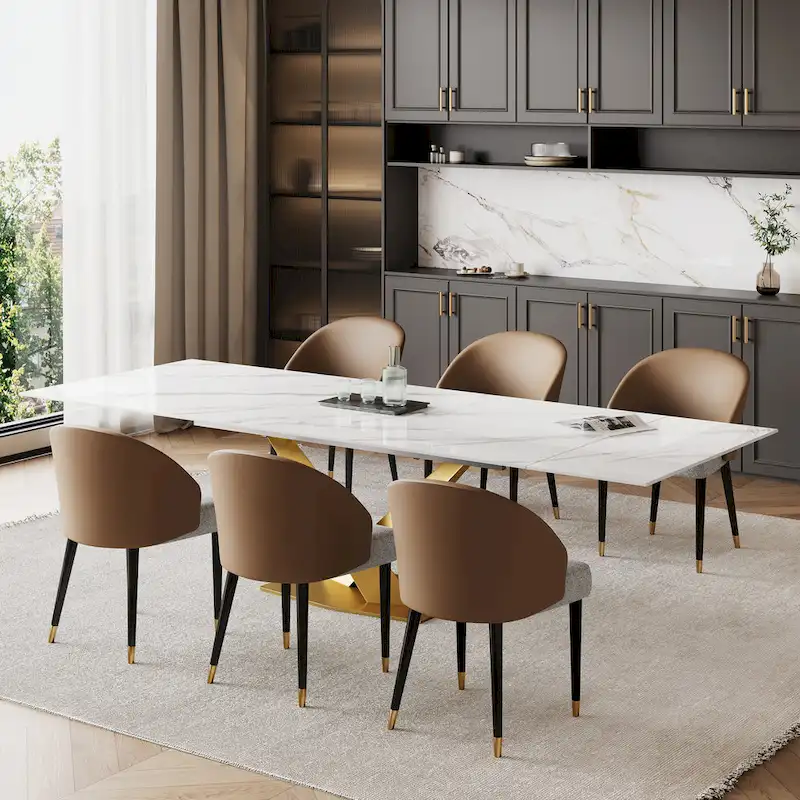 9 - Piece 94.48  Rectangular Extendable Sintered Stone Dining Table with 8 Faux leather Chairs Dining Set