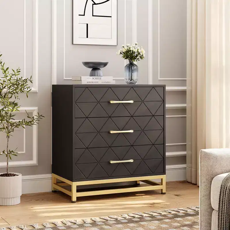 3 Drawer Dresser, Wood Chest Drawers with Storage for Closet, Bedroom, Drawers Dresser Modern Bedside Nightstand with Gold Handles