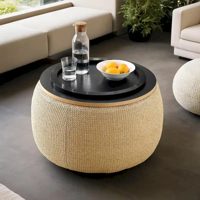 Round storage Ottoman, 3-in-1 features Ottoman coffee table, handmade end table