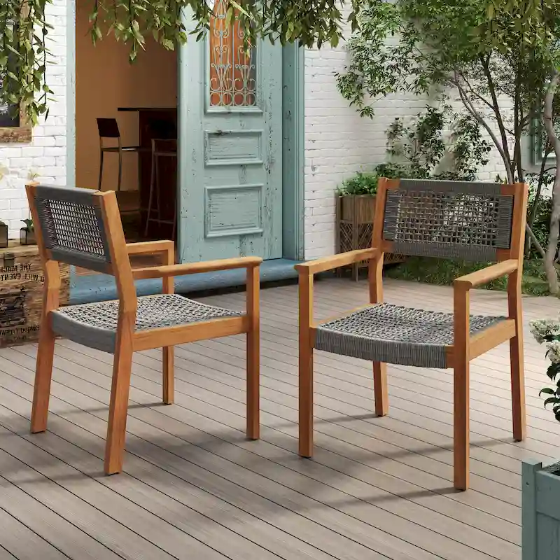 2pc Braided Dining Chair Set Dark Grey Teak Acacia Wood and Rope Outdoor Patio 35in