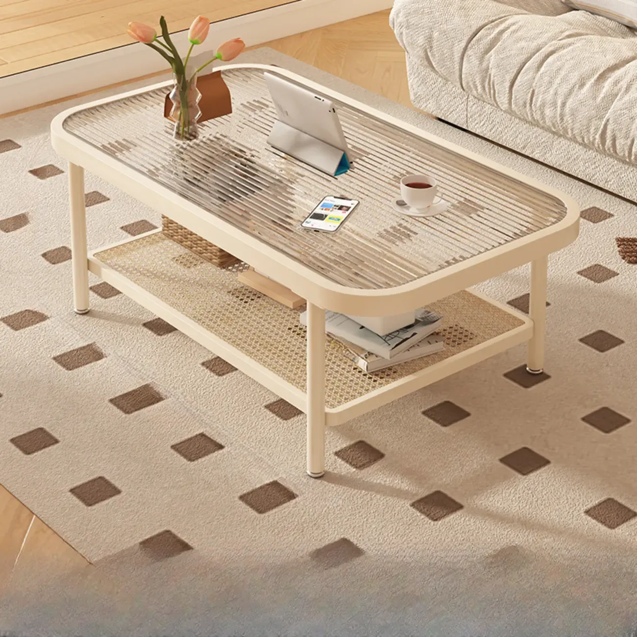 Modern White Rectangle Glass Coffee Table with Shelf