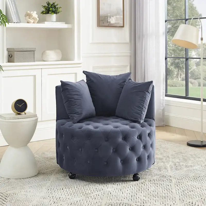 Living Room Velvet Swivel Chair with Button Tufted Design, 3 Pillows & Movable Wheels