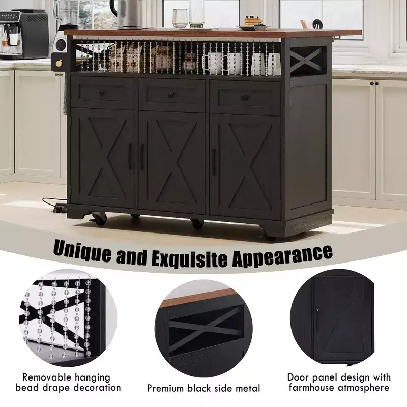 46.5 Farmhouse Kitchen Island with Power Outlet & Beaded Drape - Rolling Cart with Drop Leaf, 3 Drawers & Locking Wheels
