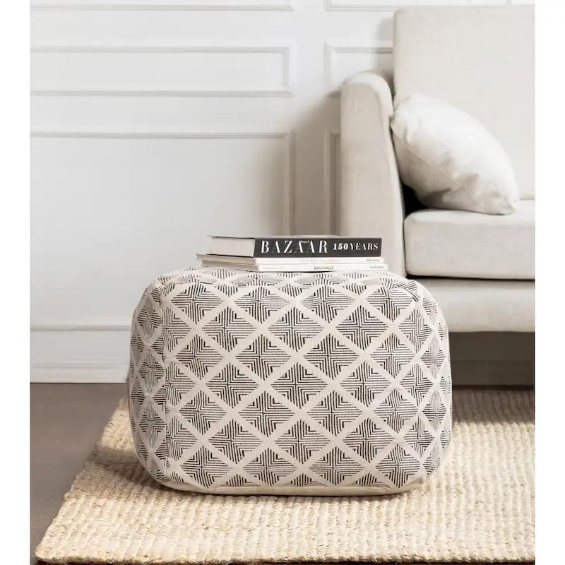 20-inch Black & Ivory Square Pouf Ottoman