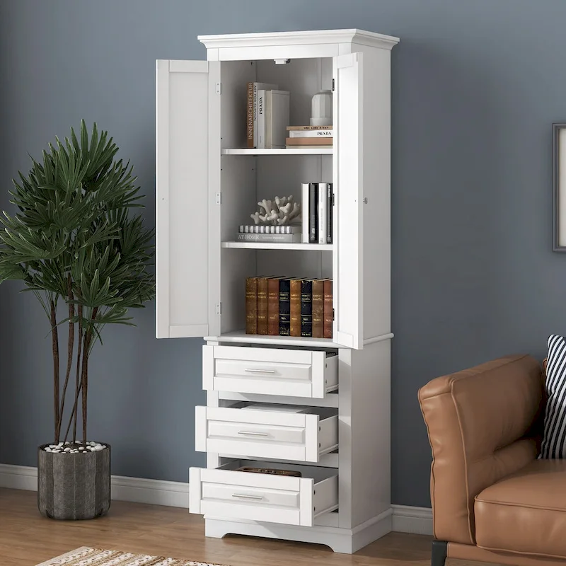 White Tall Storage Cabinet with Three Drawers