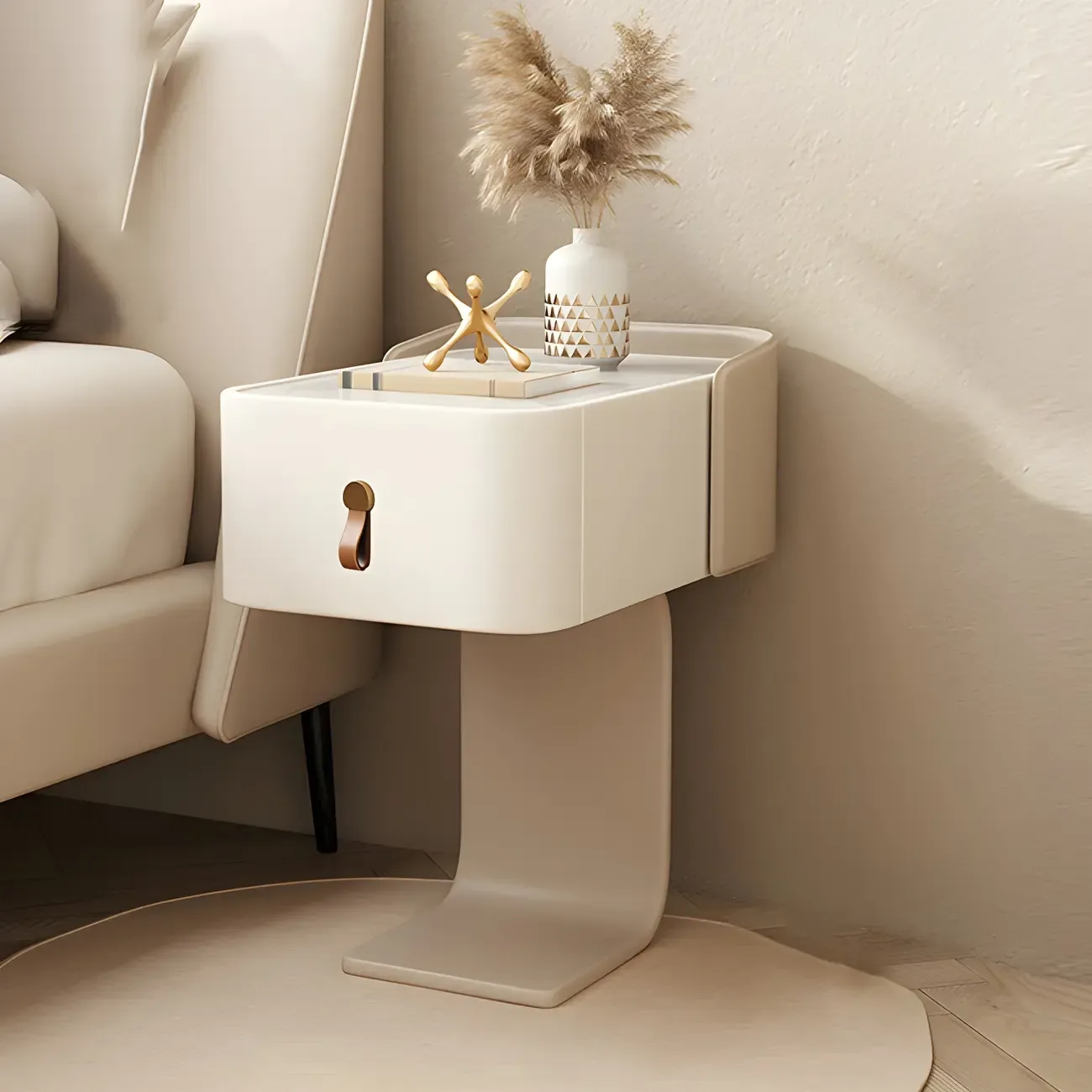 Khaki Stone Top Wood C-Shaped Nightstand with Drawer