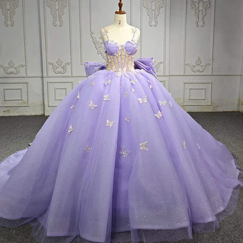Spaghetti Straps Quinceanera Dresses Ball Gown with Butterfly Appliques and Bowknot