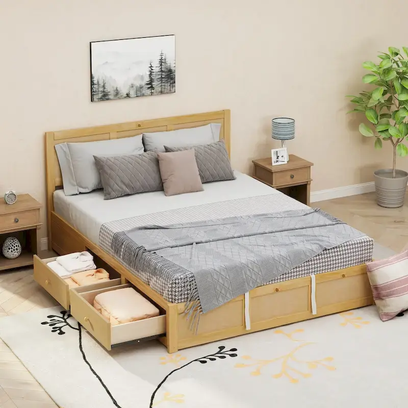 Queen Wood Platform Bed with Hydraulic Storage and 2 Drawers