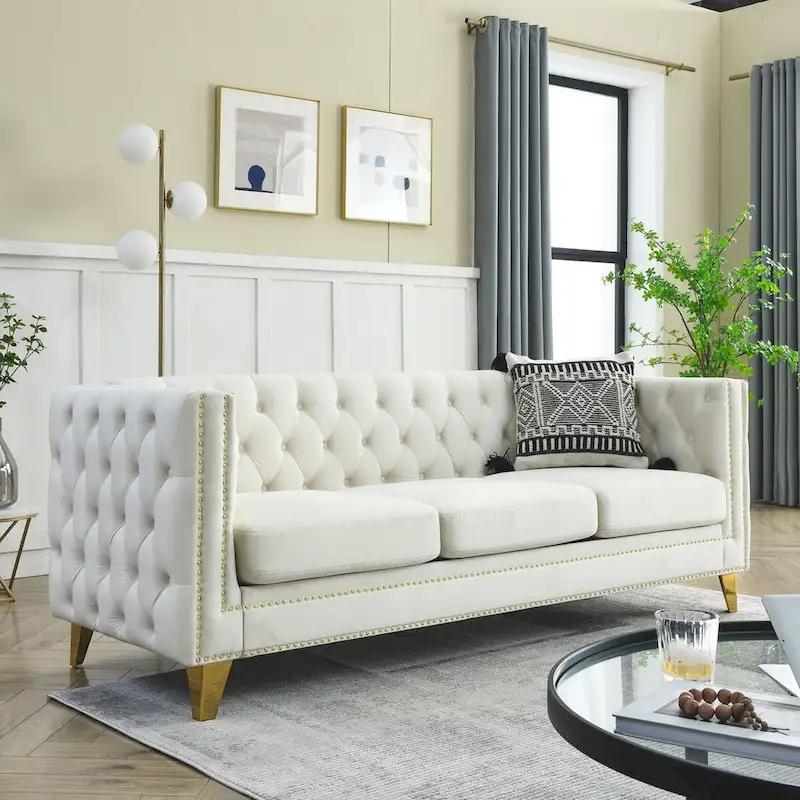 Velvet Upholstered 3 Seat Sofa, Classic Chesterfield Couch Buttons Tufted Square Arm Sofa with Nailheads and Metal Legs