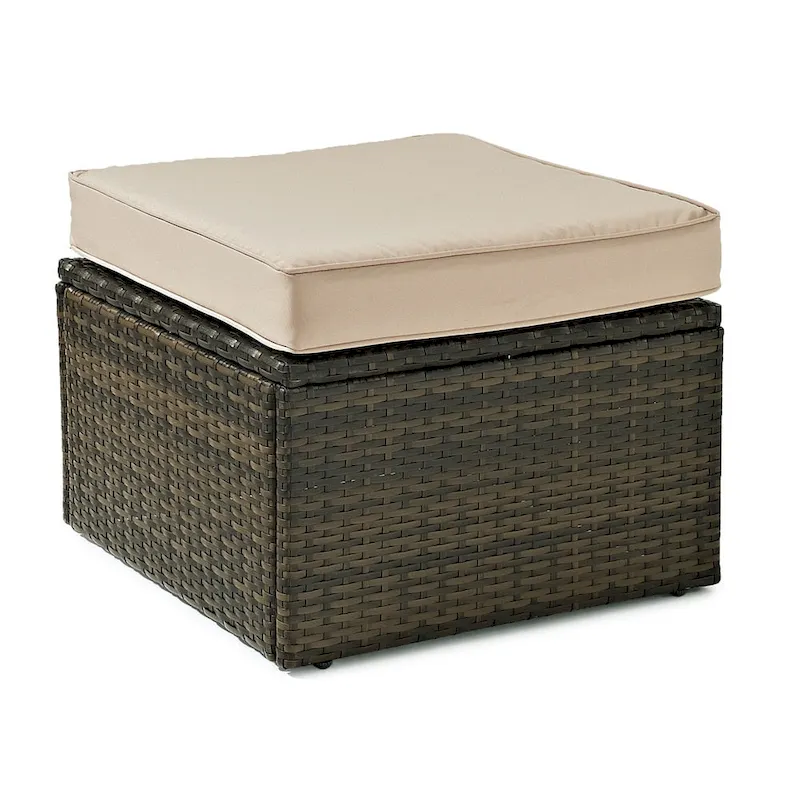 Palm Harbor Outdoor Wicker Ottoman in Brown with Sand Cushions