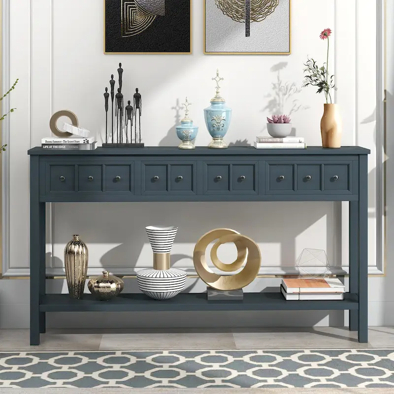 Navy Blue Farmhouse Console Table, 4 Drawers, Bottom Shelf, 2-Person Assembly, 60x11 in
