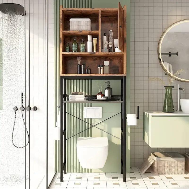 Brown/White Over-Toilet Storage Cabinet, 4 Shelves + Door, 1-Person Assembly