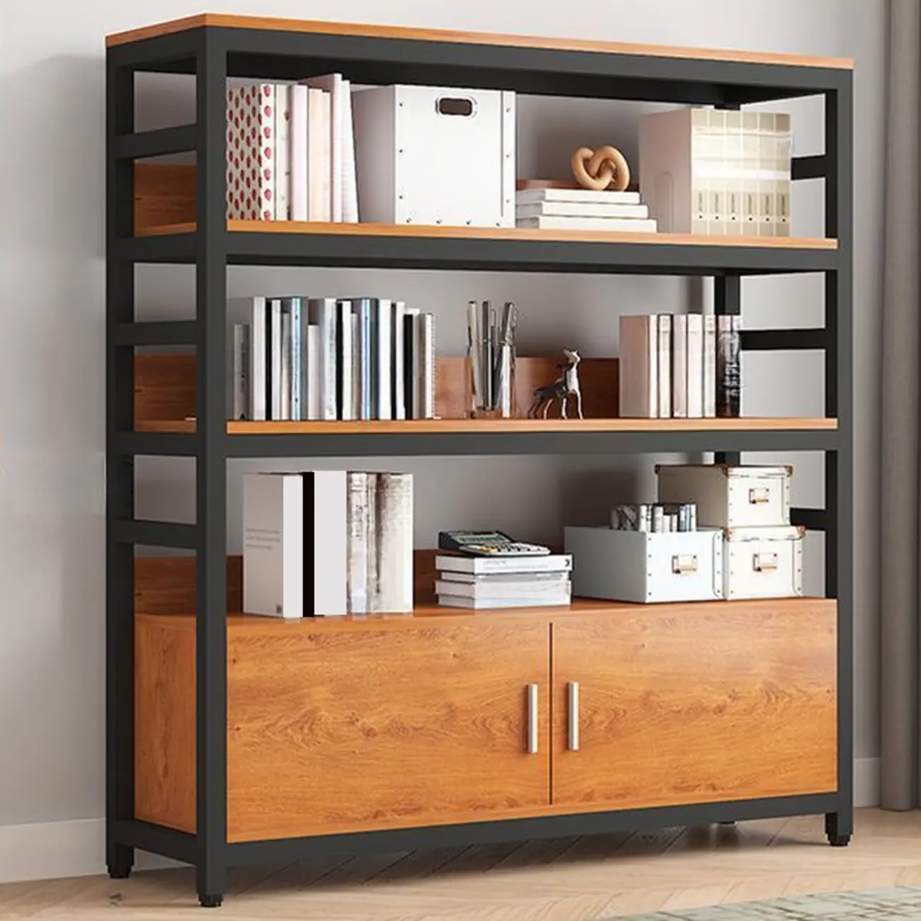 Brown Multi-Shelf Wooden Vertical Bookcase with Cabinet