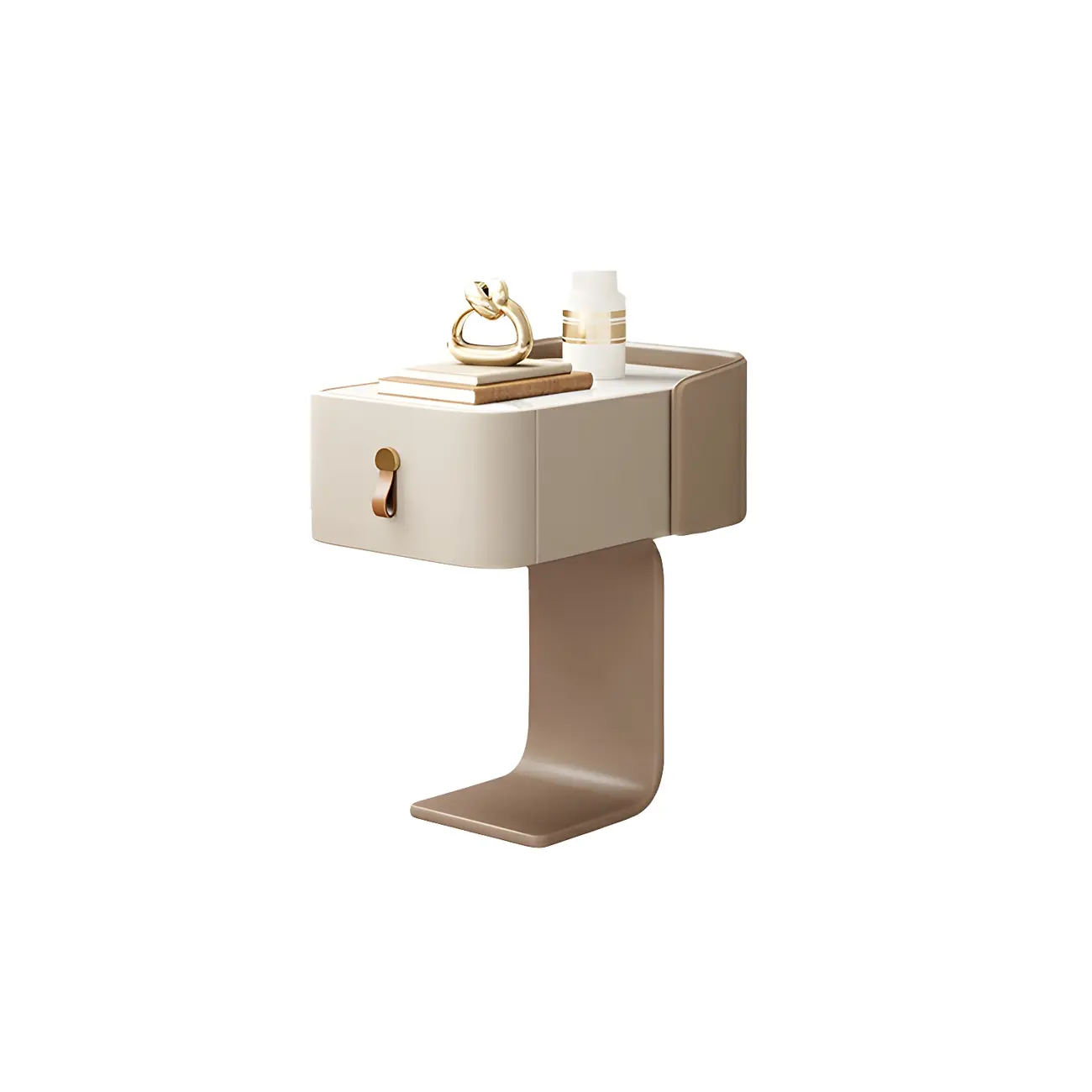 Khaki Stone Top Wood C-Shaped Nightstand with Drawer