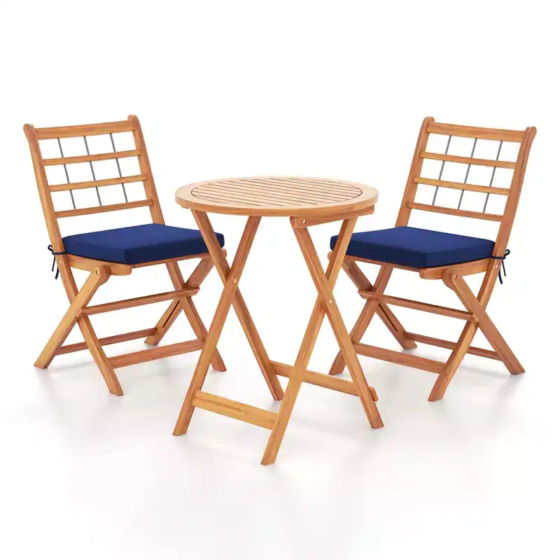 Gymax 3-Piece Folding Acacia Wood Patio Bistro Set w/ Cushioned Chairs & Round Table for Garden Balcony or Patio Off White/Navy/Gray