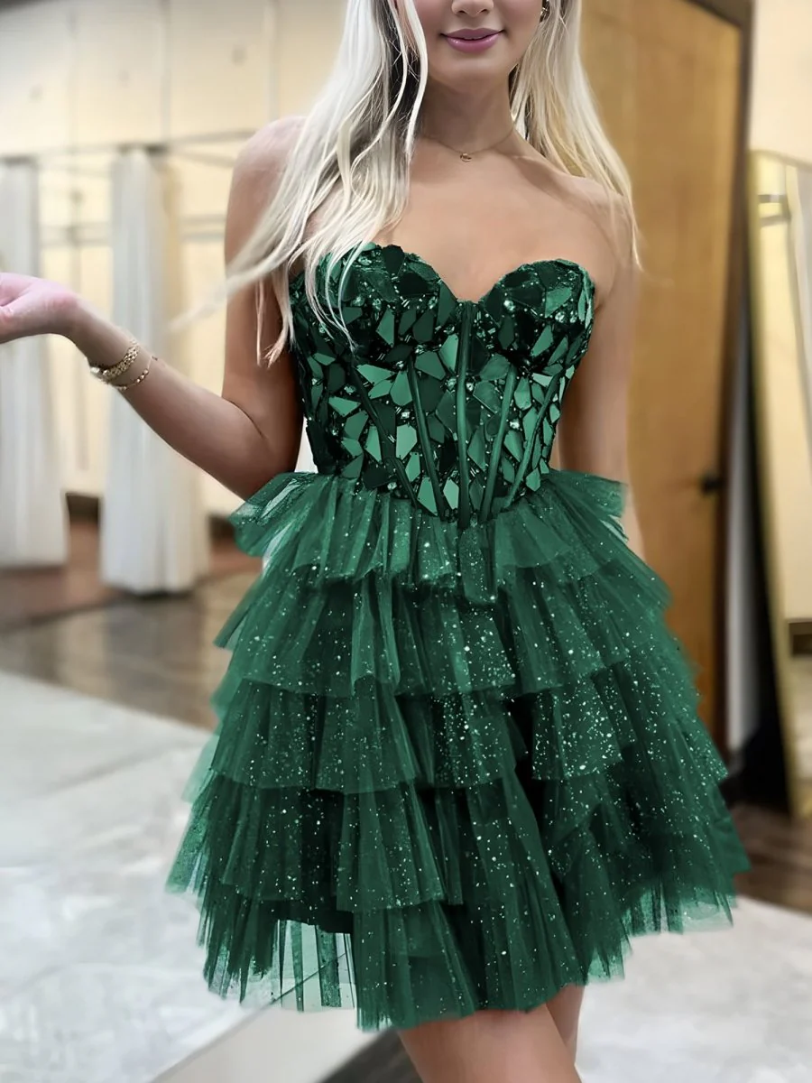 Sparkly Champagne Sweetheart A-Line Tulle Tiered Homecoming Dress