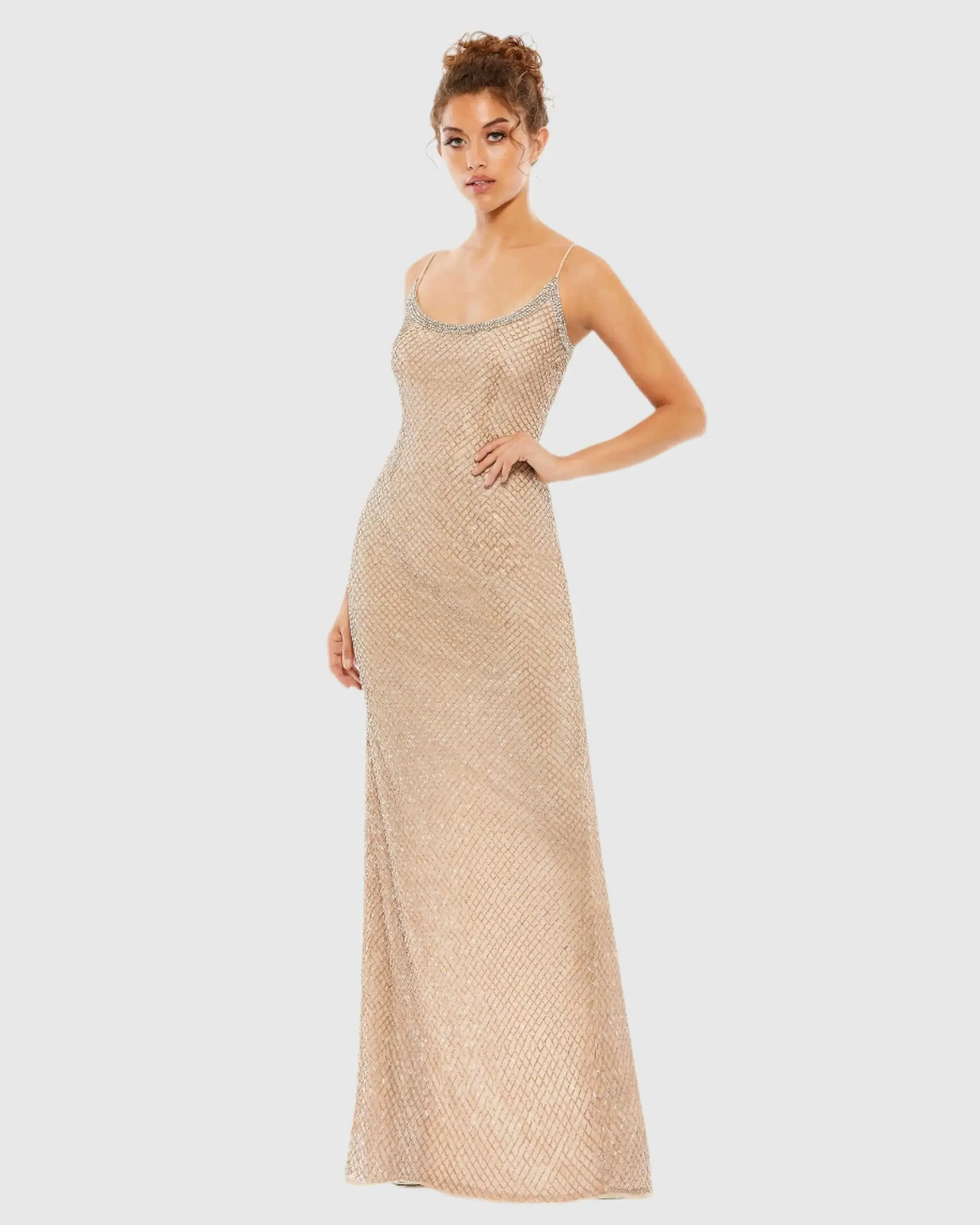Beaded Spaghetti Strap Column Gown