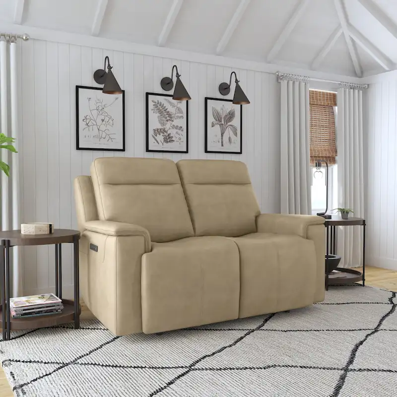Dark Brown & Tan, Power Reclining Loveseat, Top Grain Leather, 2-Seat