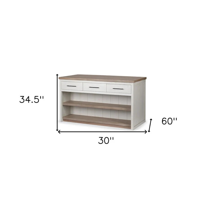 HomeRoots White And Brown Two Tone Wooden Kitchen Island With 3 Drawers - 30' X '34.5' X '60