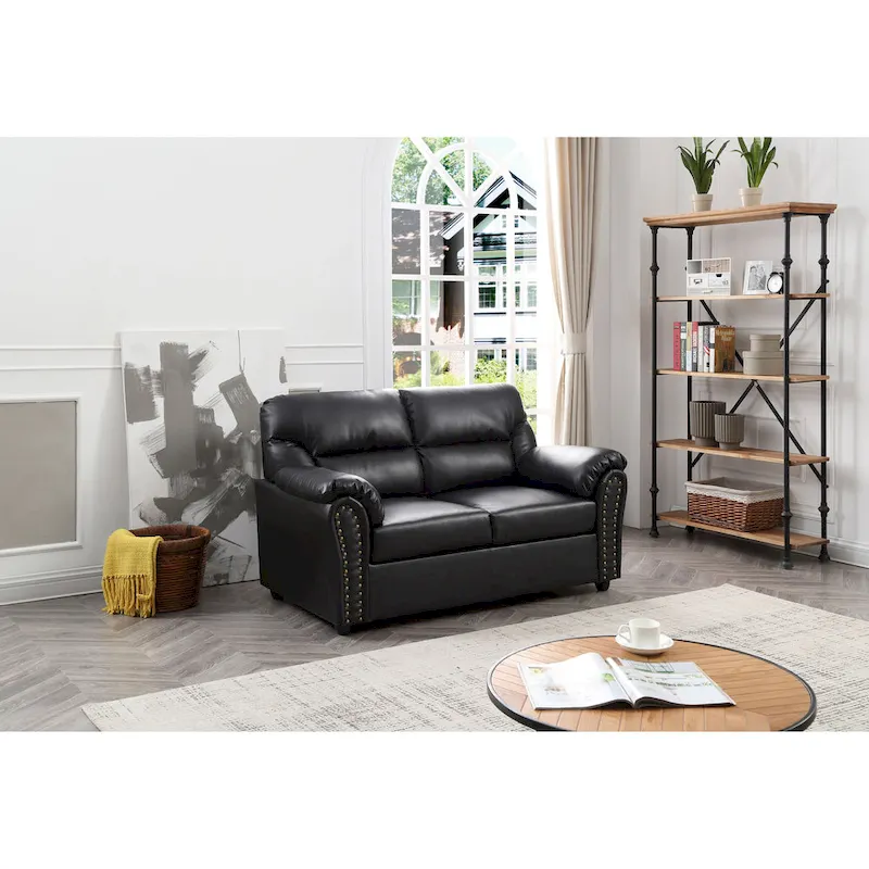 Black Contemporary Faux Leather Loveseat with Nailhead Trim & Pocketed Coil Seats – Seats 2
