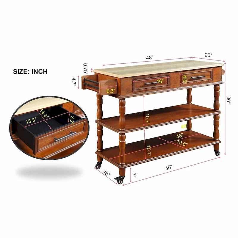 Rolling Kitchen Island Cart with Solid Oak Wood Top, Wine and Spice Rack