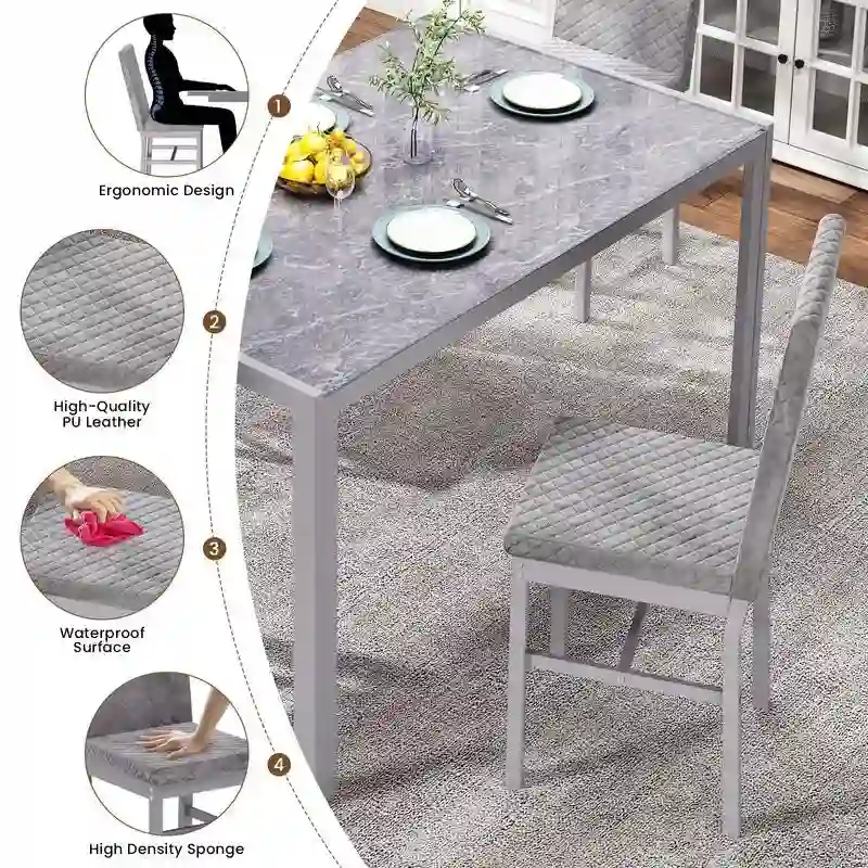 Modern Dining Room Table with Tempered Glass Tabletop and Diamond Stitching PU Leather Chairs