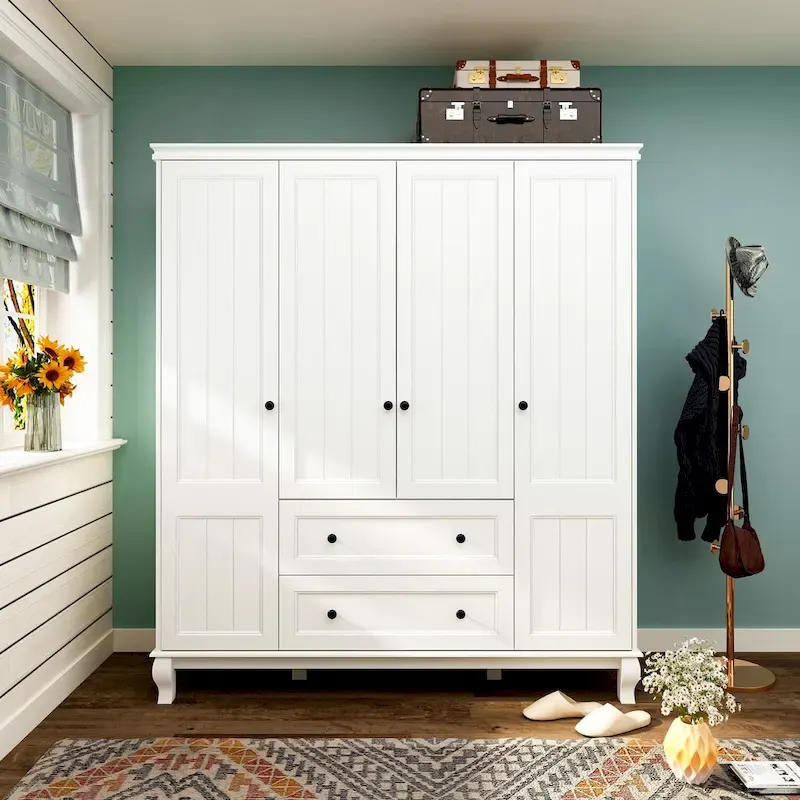 Home Traditional 2 Drawer Freestanding Wood Armoire in White Lacquer - 63Wx71.3