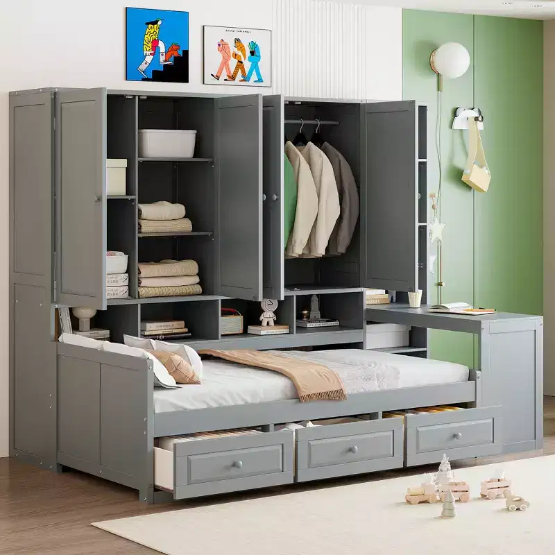 Twin/Full Size Wooden Daybed with All-in-One Desk, Shelves & 3 Drawers, Space-Saving Furniture with 400lb Capacity, White/Gray - ModernLuxe
