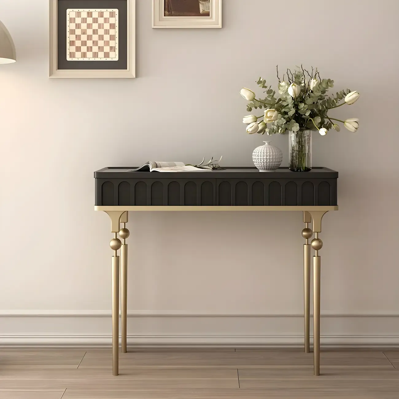 Modern Black Wood Gold Legs Console Table