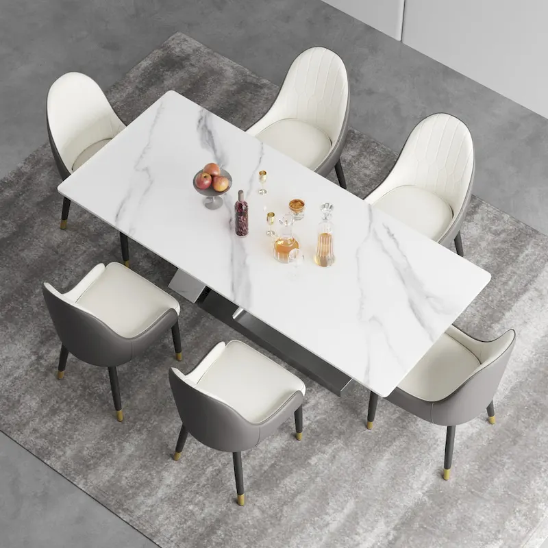 Modern Slate Kitchen Dining Table with White Rectangle Sintered Stone Top and Metal Legs -- 63/71/79