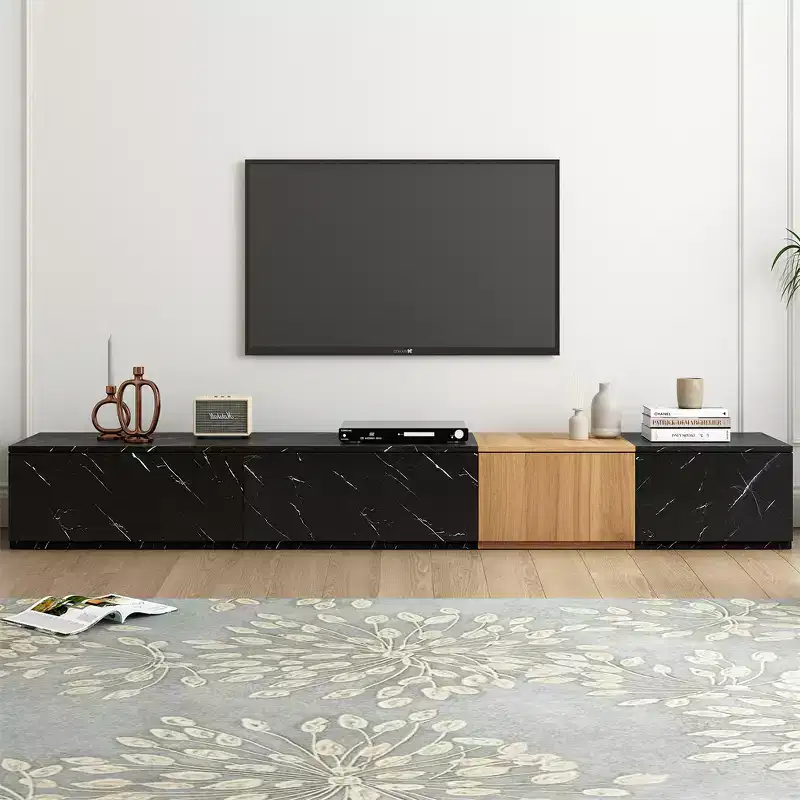 Modern TV Stand for Up to 88 TVs, Walnut & Marble Finish, 4-Drawer Media Console for Living Room