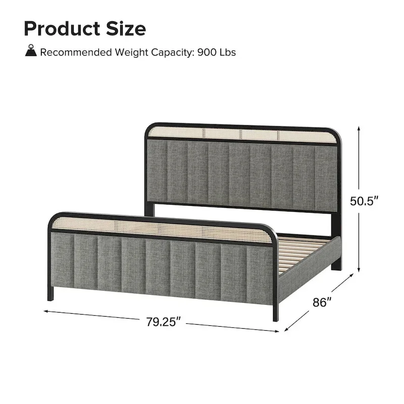 Alphons Modern Solid Wood Frame Ratten Bed with LED Headboard by HULALA HOME