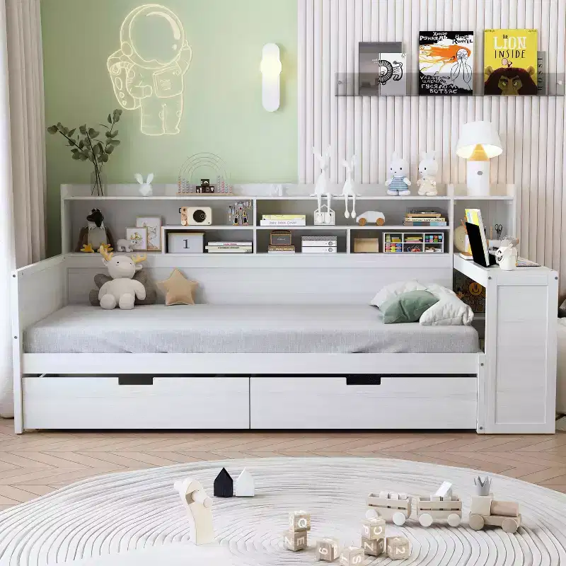 MAYEERTY Twin Size Bed with Storage Shelves Multifunctional Bed with Drawers and Study Desk Antique White