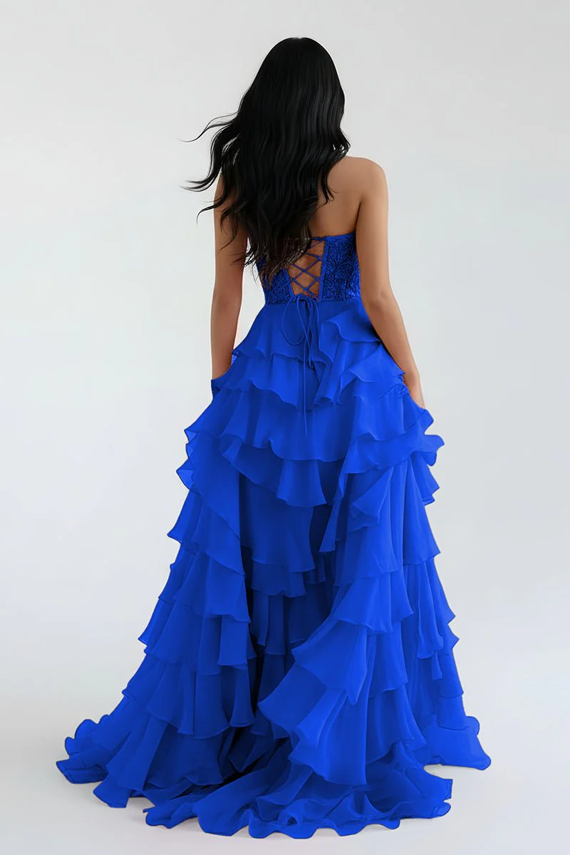 Royal Blue Chiffon Sweetheart Ruffle Tiered Long Prom Dress