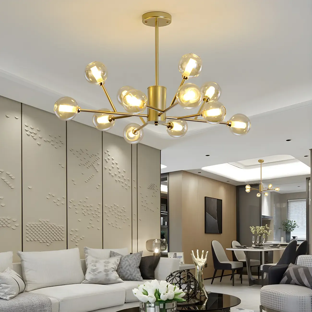 Modern Gold Metal Glass Globe Sputnik Chandelier