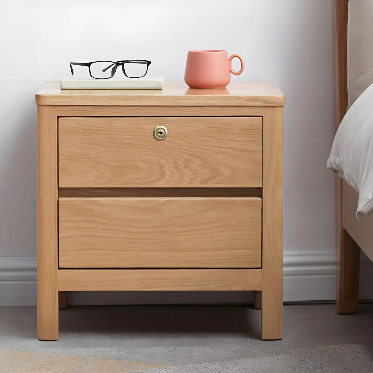 Scandinavian Oak Wood Narrow Locking Nightstand