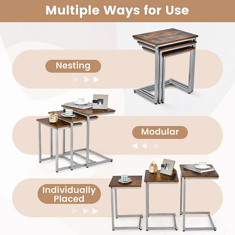 Gymax 3 Pcs Nesting Coffee End Table Set Stacking Side Nightstand